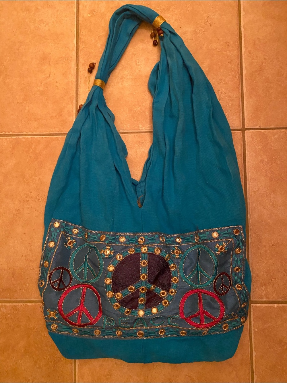 Bohemian Teal Embroidered Peace Sign Hobo Bag